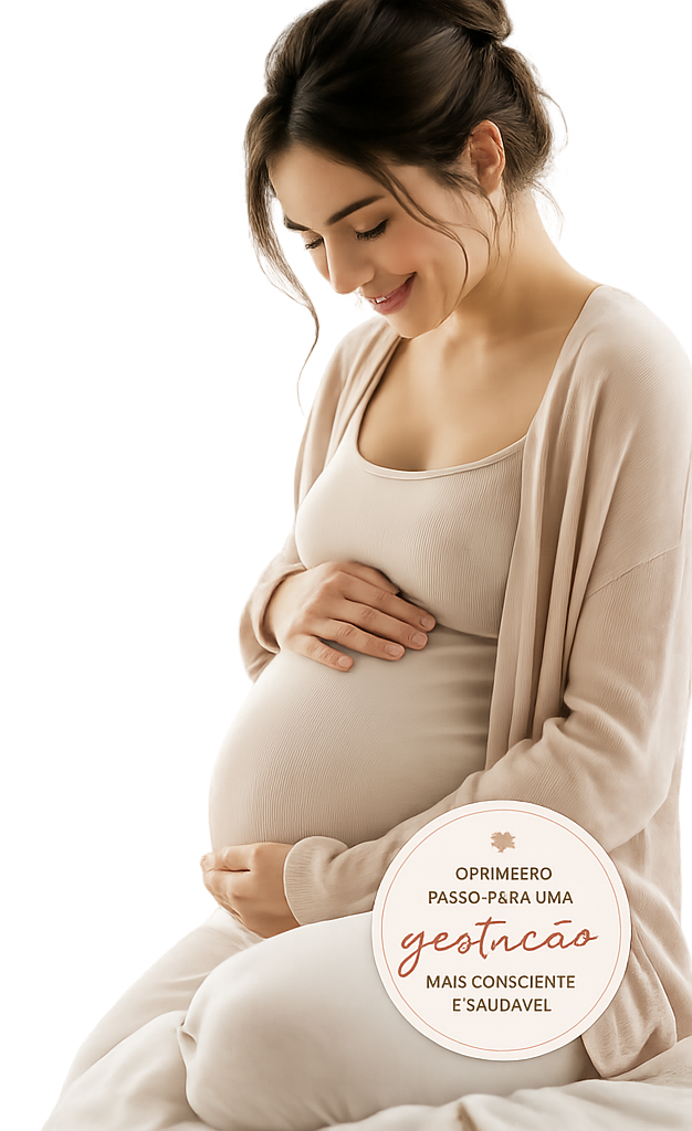 Pregnant woman smiling gently holding her belly in a warm light setting